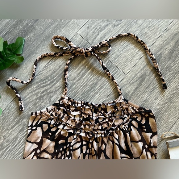 Max Rave Neutral Brown Ruffle Neck Braided Tie Bubble Halter Top. Size M - Picture 2 of 8